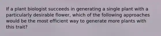 If a plant biologist succeeds in generating a single plant with a particularly desirable flower, which of the following approaches would be the most efficient way to generate more plants with this trait?