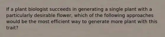 If a plant biologist succeeds in generating a single plant with a particularly desirable flower, which of the following approaches would be the most efficient way to generate more plant with this trait?