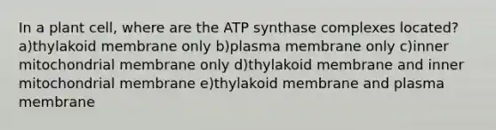 In a plant cell, where are the ATP synthase complexes located? a)thylakoid membrane only b)plasma membrane only c)inner mitochondrial membrane only d)thylakoid membrane and inner mitochondrial membrane e)thylakoid membrane and plasma membrane