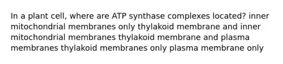 In a plant cell, where are ATP synthase complexes located? inner mitochondrial membranes only thylakoid membrane and inner mitochondrial membranes thylakoid membrane and plasma membranes thylakoid membranes only plasma membrane only