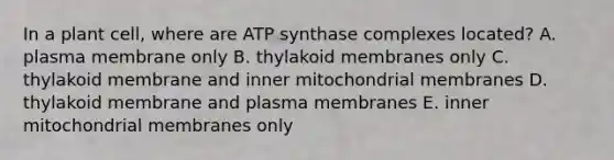 In a plant cell, where are ATP synthase complexes located? A. plasma membrane only B. thylakoid membranes only C. thylakoid membrane and inner mitochondrial membranes D. thylakoid membrane and plasma membranes E. inner mitochondrial membranes only