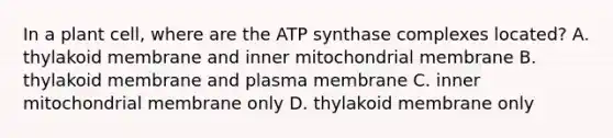 In a plant cell, where are the ATP synthase complexes located? A. thylakoid membrane and inner mitochondrial membrane B. thylakoid membrane and plasma membrane C. inner mitochondrial membrane only D. thylakoid membrane only