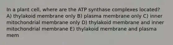 In a plant cell, where are the ATP synthase complexes located? A) thylakoid membrane only B) plasma membrane only C) inner mitochondrial membrane only D) thylakoid membrane and inner mitochondrial membrane E) thylakoid membrane and plasma mem