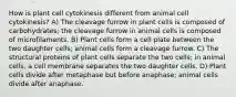 How is plant cell cytokinesis different from animal cell cytokinesis? A) The cleavage furrow in plant cells is composed of carbohydrates; the cleavage furrow in animal cells is composed of microfilaments. B) Plant cells form a cell plate between the two daughter cells; animal cells form a cleavage furrow. C) The structural proteins of plant cells separate the two cells; in animal cells, a cell membrane separates the two daughter cells. D) Plant cells divide after metaphase but before anaphase; animal cells divide after anaphase.