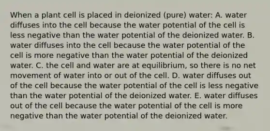 When a plant cell is placed in deionized (pure) water: A. water diffuses into the cell because the water potential of the cell is less negative than the water potential of the deionized water. B. water diffuses into the cell because the water potential of the cell is more negative than the water potential of the deionized water. C. the cell and water are at equilibrium, so there is no net movement of water into or out of the cell. D. water diffuses out of the cell because the water potential of the cell is less negative than the water potential of the deionized water. E. water diffuses out of the cell because the water potential of the cell is more negative than the water potential of the deionized water.