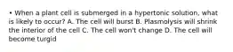 • When a plant cell is submerged in a hypertonic solution, what is likely to occur? A. The cell will burst B. Plasmolysis will shrink the interior of the cell C. The cell won't change D. The cell will become turgid