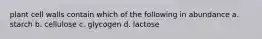 plant cell walls contain which of the following in abundance a. starch b. cellulose c. glycogen d. lactose