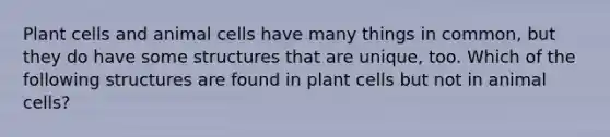 Plant cells and animal cells have many things in common, but they do have some structures that are unique, too. Which of the following structures are found in plant cells but not in animal cells?