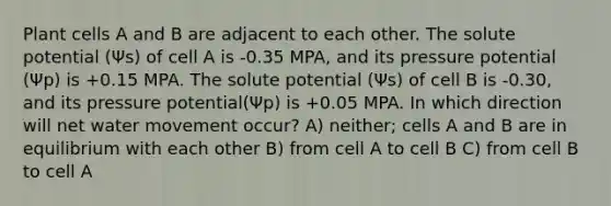 Plant cells A and B are adjacent to each other. The solute potential (Ψs) of cell A is -0.35 MPA, and its pressure potential (Ψp) is +0.15 MPA. The solute potential (Ψs) of cell B is -0.30, and its pressure potential(Ψp) is +0.05 MPA. In which direction will net water movement occur? A) neither; cells A and B are in equilibrium with each other B) from cell A to cell B C) from cell B to cell A