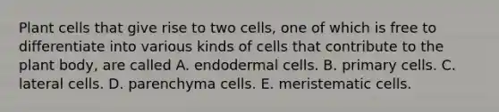 Plant cells that give rise to two cells, one of which is free to differentiate into various kinds of cells that contribute to the <a href='https://www.questionai.com/knowledge/kv6O590eut-plant-body' class='anchor-knowledge'>plant body</a>, are called A. endodermal cells. B. primary cells. C. lateral cells. D. parenchyma cells. E. meristematic cells.