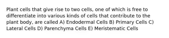 Plant cells that give rise to two cells, one of which is free to differentiate into various kinds of cells that contribute to the plant body, are called A) Endodermal Cells B) Primary Cells C) Lateral Cells D) Parenchyma Cells E) Meristematic Cells