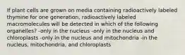 If plant cells are grown on media containing radioactively labeled thymine for one generation, radioactively labeled macromolecules will be detected in which of the following organelles? -only in the nucleus -only in the nucleus and chloroplasts -only in the nucleus and mitochondria -in the nucleus, mitochondria, and chloroplasts