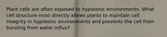 Plant cells are often exposed to hypotonic environments. What cell structure most directly allows plants to maintain cell integrity in hypotonic environments and prevents the cell from bursting from water influx?