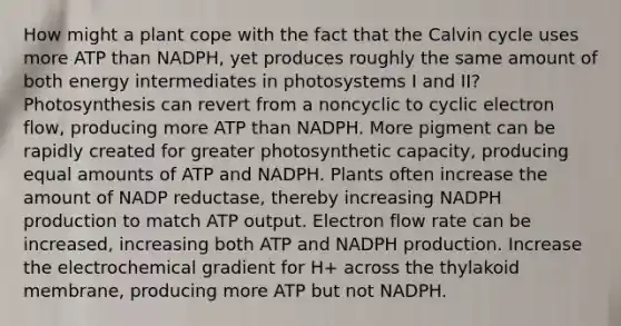 How might a plant cope with the fact that the Calvin cycle uses more ATP than NADPH, yet produces roughly the same amount of both energy intermediates in photosystems I and II? Photosynthesis can revert from a noncyclic to <a href='https://www.questionai.com/knowledge/ktXlRGlV4V-cyclic-electron-flow' class='anchor-knowledge'>cyclic electron flow</a>, producing more ATP than NADPH. More pigment can be rapidly created for greater photosynthetic capacity, producing equal amounts of ATP and NADPH. Plants often increase the amount of NADP reductase, thereby increasing NADPH production to match ATP output. Electron flow rate can be increased, increasing both ATP and NADPH production. Increase the electrochemical gradient for H+ across the thylakoid membrane, producing more ATP but not NADPH.