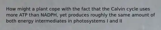 How might a plant cope with the fact that the Calvin cycle uses more ATP than NADPH, yet produces roughly the same amount of both energy intermediates in photosystems I and II