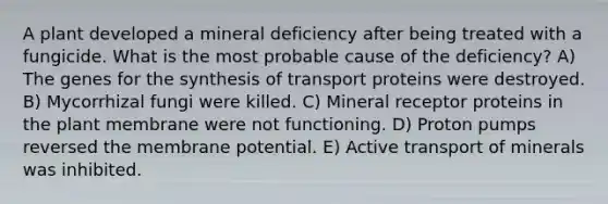 A plant developed a mineral deficiency after being treated with a fungicide. What is the most probable cause of the deficiency? A) The genes for the synthesis of transport proteins were destroyed. B) Mycorrhizal fungi were killed. C) Mineral receptor proteins in the plant membrane were not functioning. D) Proton pumps reversed the membrane potential. E) Active transport of minerals was inhibited.