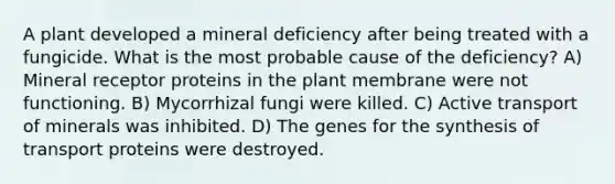 A plant developed a mineral deficiency after being treated with a fungicide. What is the most probable cause of the deficiency? A) Mineral receptor proteins in the plant membrane were not functioning. B) Mycorrhizal fungi were killed. C) Active transport of minerals was inhibited. D) The genes for the synthesis of transport proteins were destroyed.