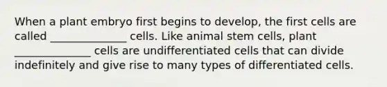 When a plant embryo first begins to develop, the first cells are called ______________ cells. Like animal stem cells, plant ______________ cells are undifferentiated cells that can divide indefinitely and give rise to many types of differentiated cells.