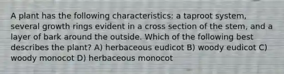 A plant has the following characteristics: a taproot system, several growth rings evident in a cross section of the stem, and a layer of bark around the outside. Which of the following best describes the plant? A) herbaceous eudicot B) woody eudicot C) woody monocot D) herbaceous monocot