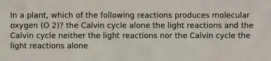 In a plant, which of the following reactions produces molecular oxygen (O 2)? the Calvin cycle alone the light reactions and the Calvin cycle neither the light reactions nor the Calvin cycle the light reactions alone