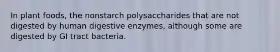 In plant foods, the nonstarch polysaccharides that are not digested by human digestive enzymes, although some are digested by GI tract bacteria.