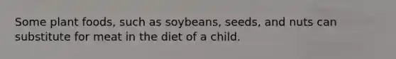 Some plant foods, such as soybeans, seeds, and nuts can substitute for meat in the diet of a child.