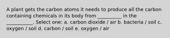 A plant gets the carbon atoms it needs to produce all the carbon containing chemicals in its body from __________ in the ___________. Select one: a. carbon dioxide / air b. bacteria / soil c. oxygen / soil d. carbon / soil e. oxygen / air