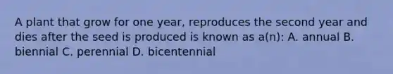 A plant that grow for one year, reproduces the second year and dies after the seed is produced is known as a(n): A. annual B. biennial C. perennial D. bicentennial