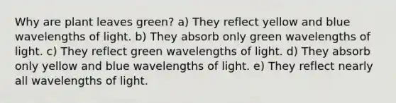 Why are plant leaves green? a) They reflect yellow and blue wavelengths of light. b) They absorb only green wavelengths of light. c) They reflect green wavelengths of light. d) They absorb only yellow and blue wavelengths of light. e) They reflect nearly all wavelengths of light.