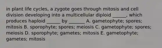 in plant life cycles, a zygote goes through mitosis and cell division developing into a multicellular diploid ______, which produces haploid ______ by _______ A. gametophyte; spores; mitosis B. sporophyte; spores; meiosis C. gametophyte; spores; meiosis D. sporophyte; gametes; mitosis E. gametophyte; gametes; mitosis