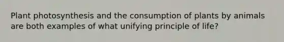 Plant photosynthesis and the consumption of plants by animals are both examples of what unifying principle of life?