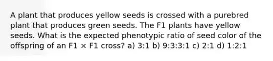 A plant that produces yellow seeds is crossed with a purebred plant that produces green seeds. The F1 plants have yellow seeds. What is the expected phenotypic ratio of seed color of the offspring of an F1 × F1 cross? a) 3:1 b) 9:3:3:1 c) 2:1 d) 1:2:1