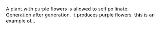 A plant with purple flowers is allowed to self pollinate. Generation after generation, it produces purple flowers. this is an example of...