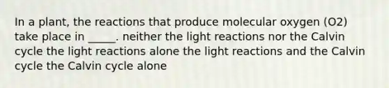 In a plant, the reactions that produce molecular oxygen (O2) take place in _____. neither the light reactions nor the Calvin cycle the light reactions alone the light reactions and the Calvin cycle the Calvin cycle alone