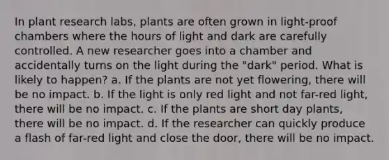 In plant research labs, plants are often grown in light-proof chambers where the hours of light and dark are carefully controlled. A new researcher goes into a chamber and accidentally turns on the light during the "dark" period. What is likely to happen? a. If the plants are not yet flowering, there will be no impact. b. If the light is only red light and not far-red light, there will be no impact. c. If the plants are short day plants, there will be no impact. d. If the researcher can quickly produce a flash of far-red light and close the door, there will be no impact.