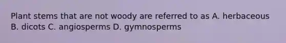 Plant stems that are not woody are referred to as A. herbaceous B. dicots C. angiosperms D. gymnosperms