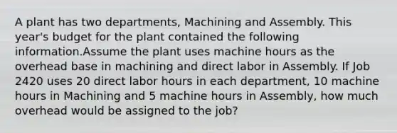 A plant has two departments, Machining and Assembly. This year's budget for the plant contained the following information.Assume the plant uses machine hours as the overhead base in machining and direct labor in Assembly. If Job 2420 uses 20 direct labor hours in each department, 10 machine hours in Machining and 5 machine hours in Assembly, how much overhead would be assigned to the job?