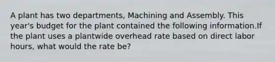 A plant has two departments, Machining and Assembly. This year's budget for the plant contained the following information.If the plant uses a plantwide overhead rate based on direct labor hours, what would the rate be?