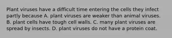 Plant viruses have a difficult time entering the cells they infect partly because A. plant viruses are weaker than animal viruses. B. plant cells have tough cell walls. C. many plant viruses are spread by insects. D. plant viruses do not have a protein coat.