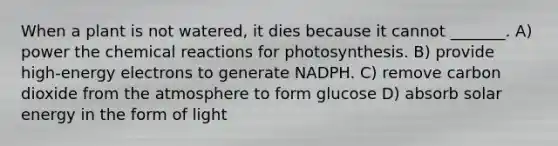 When a plant is not watered, it dies because it cannot _______. A) power the chemical reactions for photosynthesis. B) provide high-energy electrons to generate NADPH. C) remove carbon dioxide from the atmosphere to form glucose D) absorb solar energy in the form of light