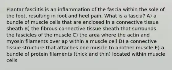 Plantar fasciitis is an inflammation of the fascia within the sole of the foot, resulting in foot and heel pain. What is a fascia? A) a bundle of muscle cells that are enclosed in a <a href='https://www.questionai.com/knowledge/kYDr0DHyc8-connective-tissue' class='anchor-knowledge'>connective tissue</a> sheath B) the fibrous connective tissue sheath that surrounds the fascicles of the muscle C) the area where the actin and myosin filaments overlap within a muscle cell D) a connective tissue structure that attaches one muscle to another muscle E) a bundle of protein filaments (thick and thin) located within muscle cells