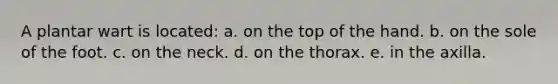 A plantar wart is located: a. on the top of the hand. b. on the sole of the foot. c. on the neck. d. on the thorax. e. in the axilla.