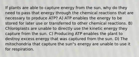 If plants are able to capture energy from the sun, why do they need to pass that energy through the chemical reactions that are necessary to produce ATP? A) ATP enables the energy to be stored for later use or transferred to other chemical reactions. B) Chloroplasts are unable to directly use the kinetic energy they capture from the sun. C) Producing ATP enables the plant to destroy excess energy that was captured from the sun. D) The mitochondria that capture the sun"s energy are unable to use it for respiration.