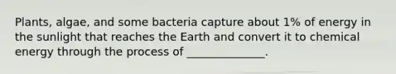 Plants, algae, and some bacteria capture about 1% of energy in the sunlight that reaches the Earth and convert it to chemical energy through the process of ______________.