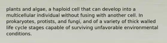 plants and algae, a haploid cell that can develop into a multicellular individual without fusing with another cell. In prokaryotes, protists, and fungi, and of a variety of thick walled life cycle stages capable of surviving unfavorable environmental conditions.