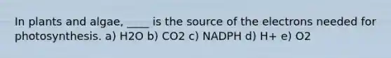 In plants and algae, ____ is the source of the electrons needed for photosynthesis. a) H2O b) CO2 c) NADPH d) H+ e) O2