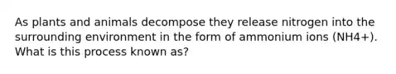 As plants and animals decompose they release nitrogen into the surrounding environment in the form of ammonium ions (NH4+). What is this process known as?