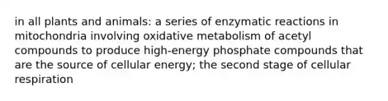 in all plants and animals: a series of enzymatic reactions in mitochondria involving oxidative metabolism of acetyl compounds to produce high-energy phosphate compounds that are the source of cellular energy; the second stage of cellular respiration