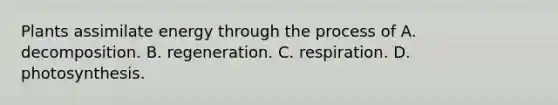 Plants assimilate energy through the process of A. decomposition. B. regeneration. C. respiration. D. photosynthesis.