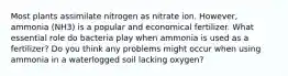 Most plants assimilate nitrogen as nitrate ion. However, ammonia (NH3) is a popular and economical fertilizer. What essential role do bacteria play when ammonia is used as a fertilizer? Do you think any problems might occur when using ammonia in a waterlogged soil lacking oxygen?